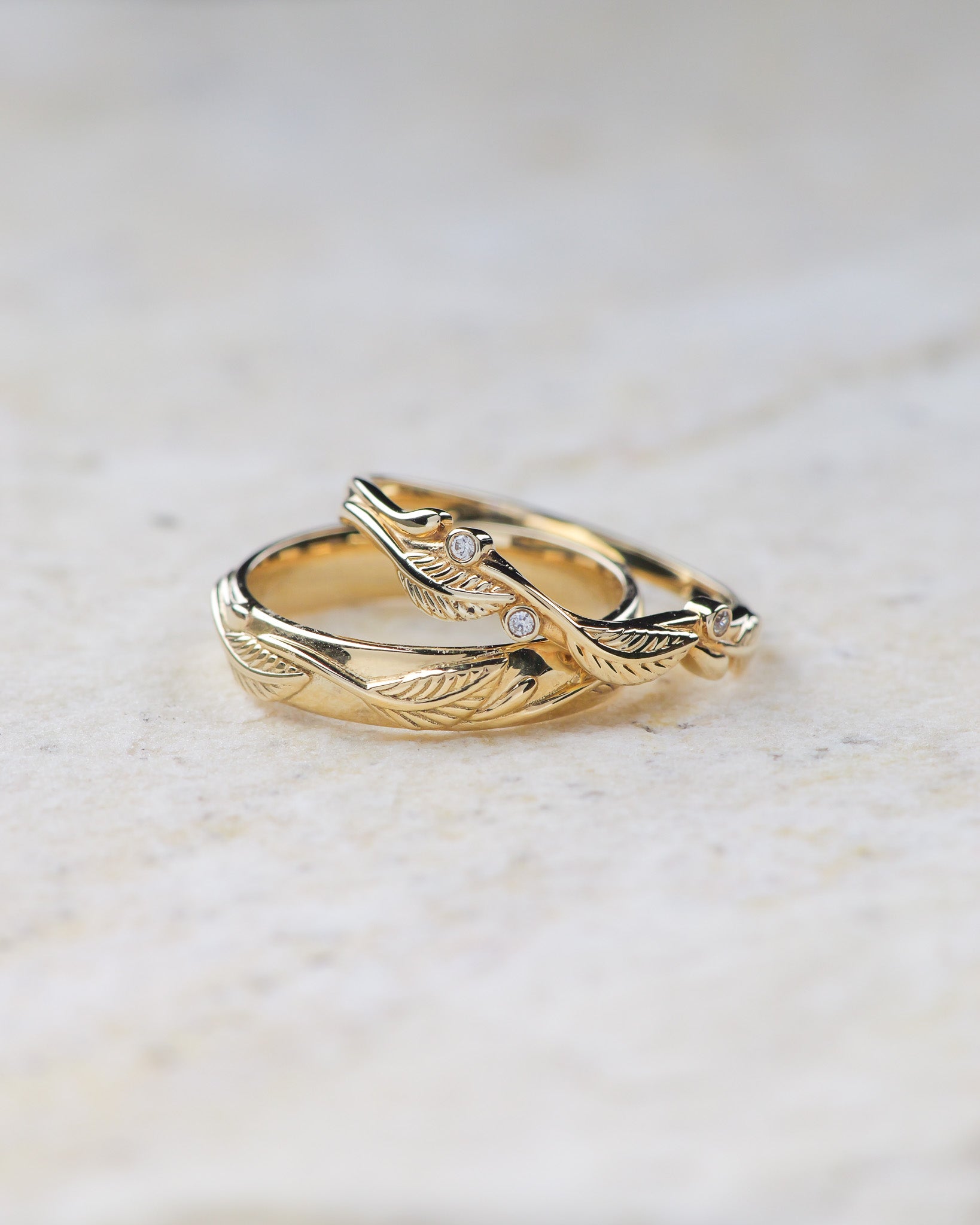 Golden leaves wedding bands set for a couple / Azalea - Eden Garden Jewelry™