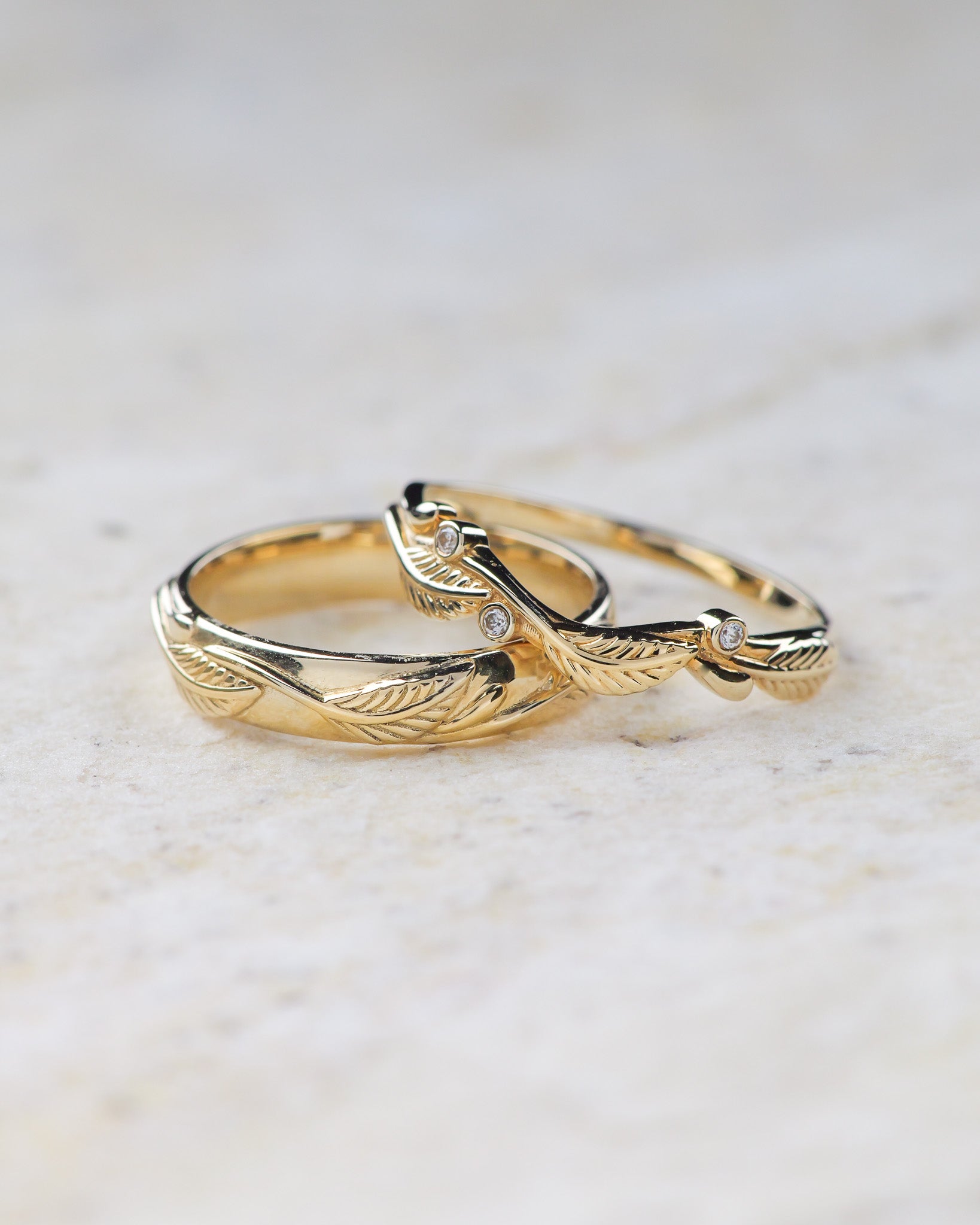 Golden leaves wedding bands set for a couple / Azalea - Eden Garden Jewelry™