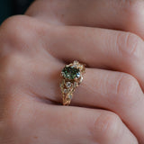 READY TO SHIP: Japanese Maple ring with green lab-grown diamond, 14K yellow gold, AVAILABLE RING SIZES: 5.5 - 8.5 US