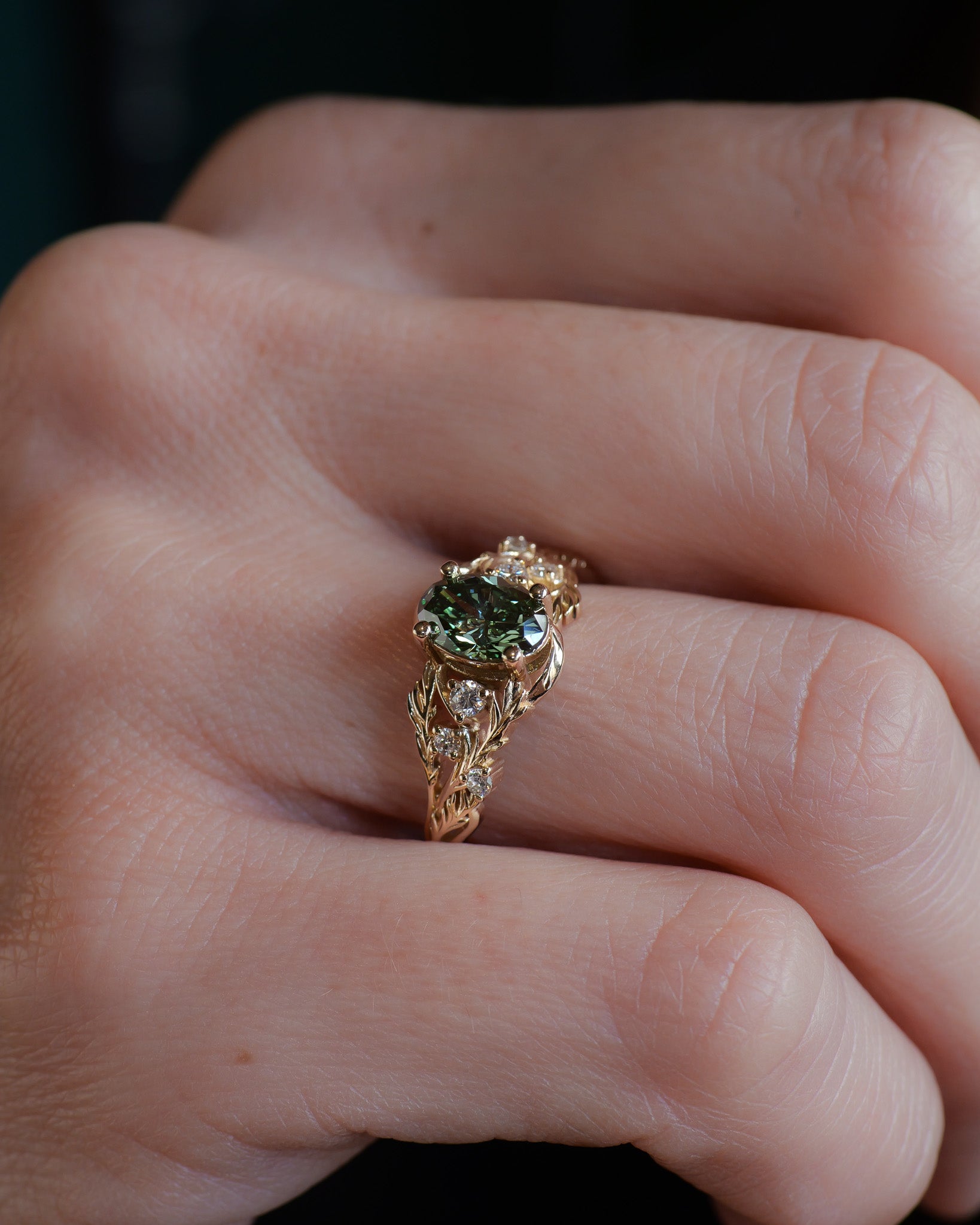 READY TO SHIP Japanese Maple ring with green lab-grown diamond, 14K yellow gold, AVAILABLE RING SIZES: 5.5 - 8.5 US - Eden Garden Jewelry™