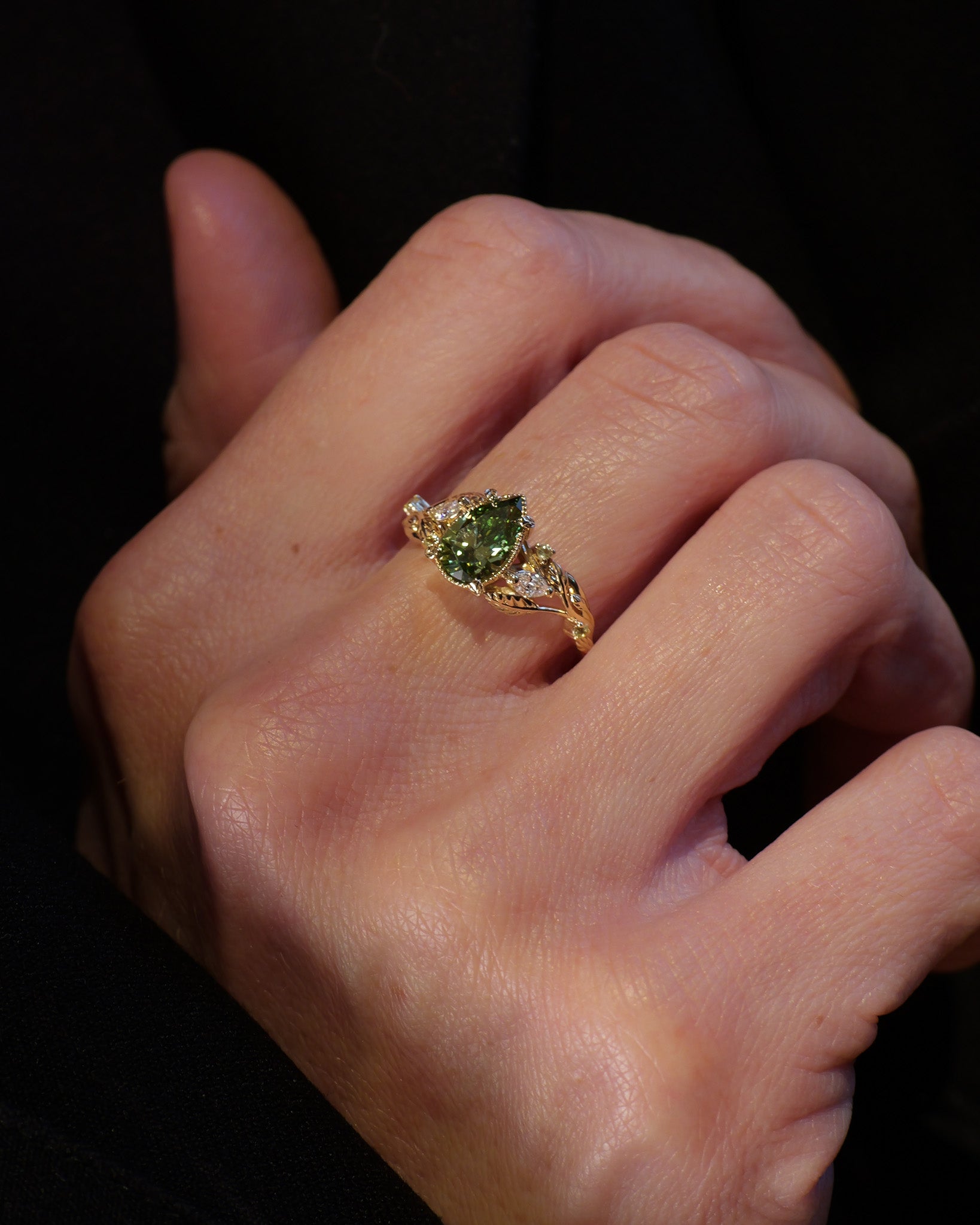 READY TO SHIP Patricia ring with green diamond and accent peridots & diamonds, 14K yellow gold, AVAILABLE RING SIZES: 5.5 - 8.5 US - Eden Garden Jewelry™
