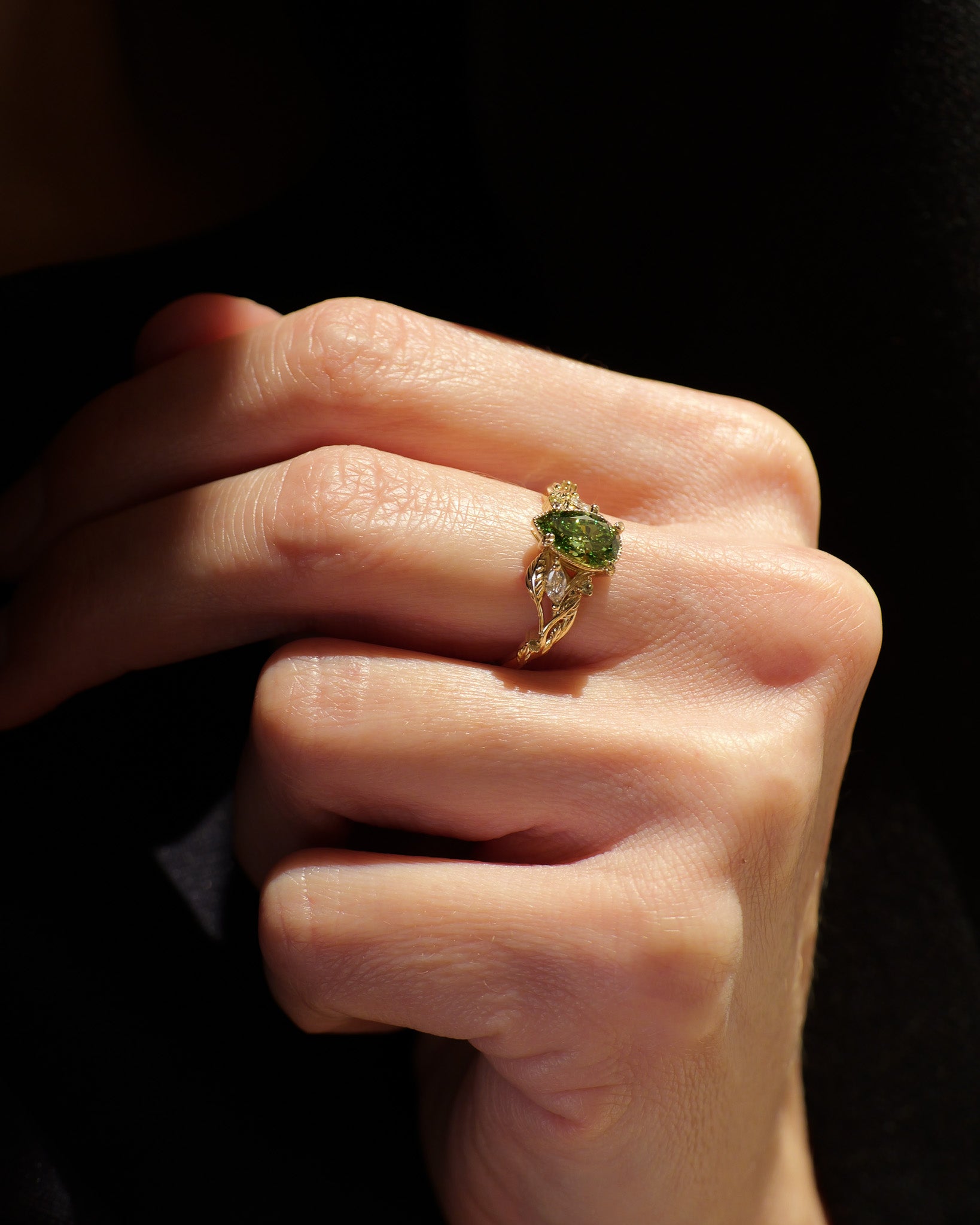 READY TO SHIP Patricia ring with green diamond and accent peridots & diamonds, 14K yellow gold, AVAILABLE RING SIZES: 5.5 - 8.5 US - Eden Garden Jewelry™