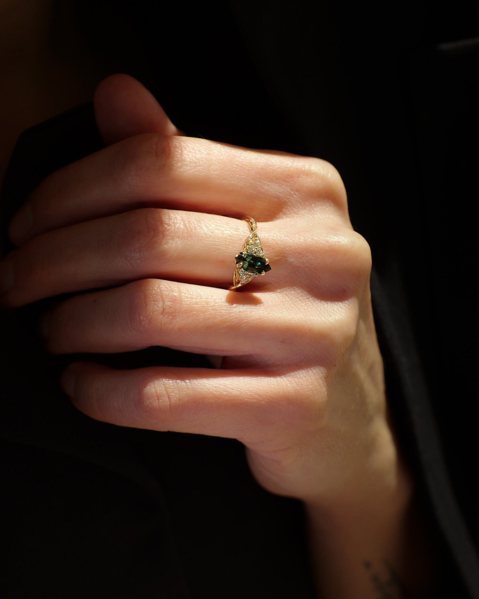 READY TO SHIP Gloria ring with marquise-cut natural teal sapphire, 14K yellow gold, AVAILABLE RING SIZES: 5.5 - 8.5 US - Eden Garden Jewelry™