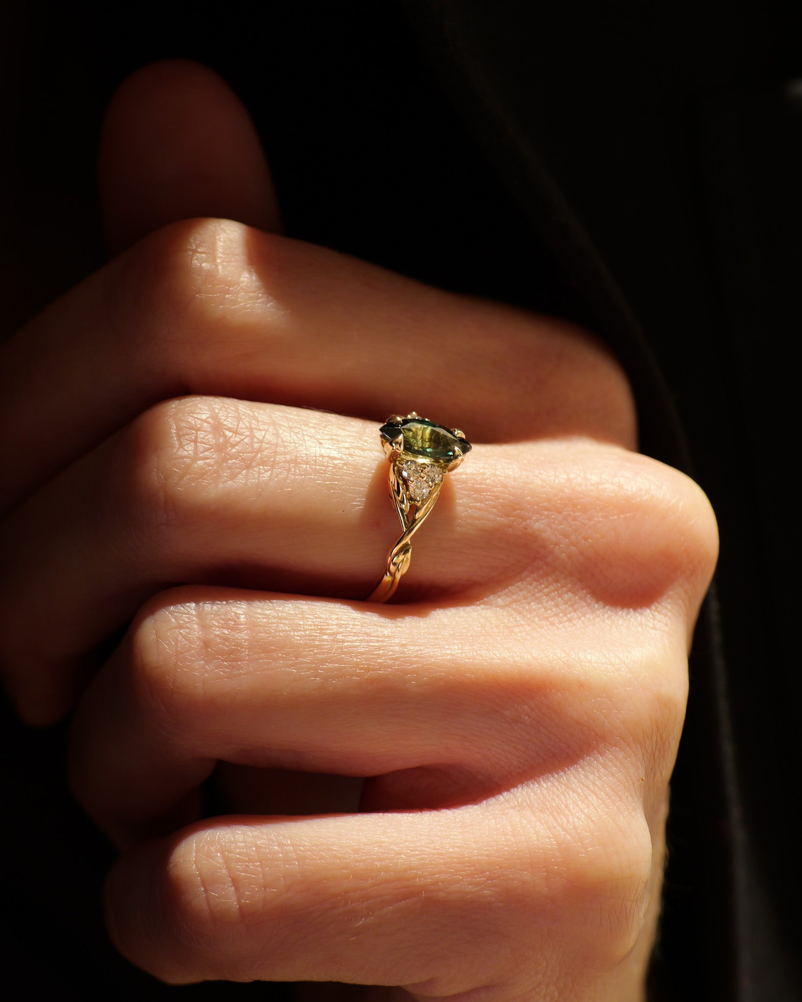 READY TO SHIP Gloria ring with marquise-cut natural teal sapphire, 14K yellow gold, AVAILABLE RING SIZES: 5.5 - 8.5 US - Eden Garden Jewelry™