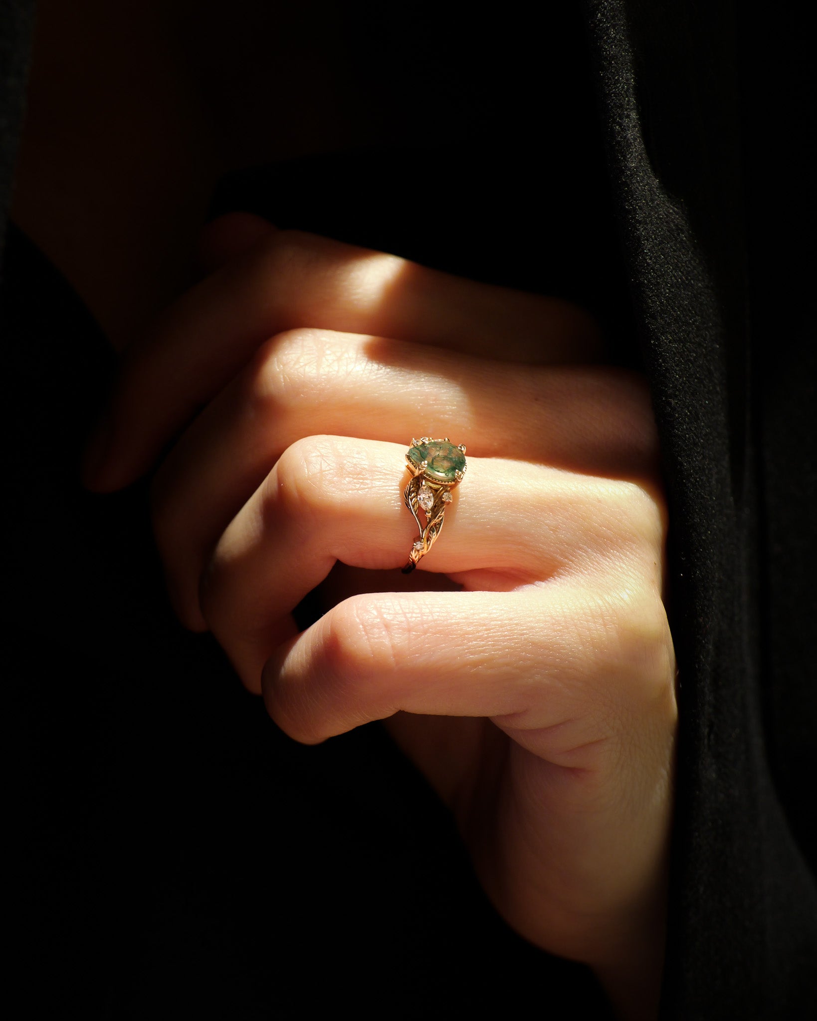READY TO SHIP Patricia ring in 14K or 18K yellow gold, natural moss agate pear cut 8x6 mm, accent lab grown diamonds, AVAILABLE RING SIZES: 5.5 - 10.5 US - Eden Garden Jewelry™