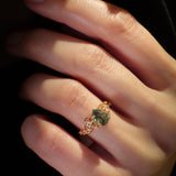 READY TO SHIP: Patricia ring in 14K or 18K yellow gold, natural moss agate pear cut 8x6 mm, accent moissanites, AVAILABLE RING SIZES: 4 - 9 US