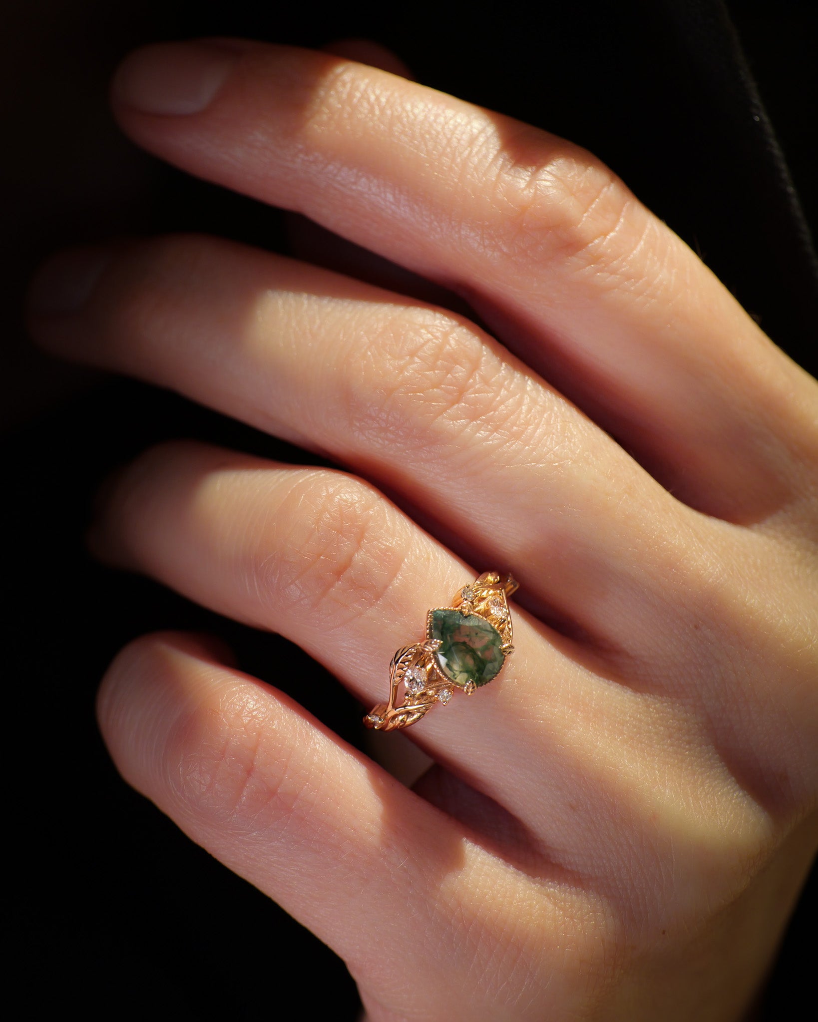 READY TO SHIP Patricia ring in 14K or 18K yellow gold, natural moss agate pear cut 8x6 mm, accent lab grown diamonds, AVAILABLE RING SIZES: 5.5 - 10.5 US - Eden Garden Jewelry™