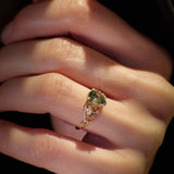 READY TO SHIP: Patricia ring in 14K or 18K yellow gold, natural moss agate pear cut 8x6 mm, accent moissanites, AVAILABLE RING SIZES: 4 - 9 US