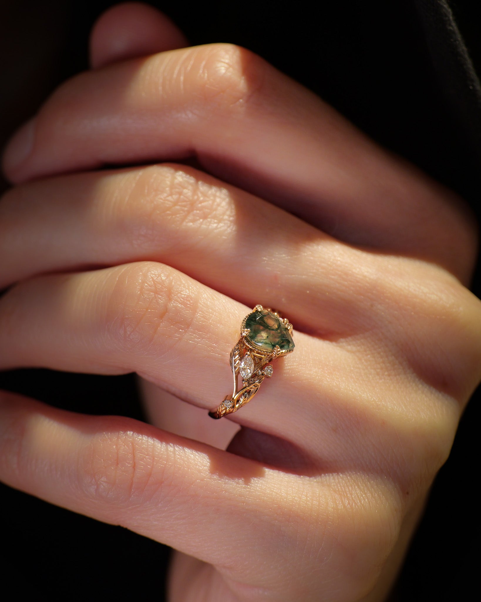READY TO SHIP Patricia ring in 14K or 18K yellow gold, natural moss agate pear cut 8x6 mm, accent lab grown diamonds, AVAILABLE RING SIZES: 5.5 - 10.5 US - Eden Garden Jewelry™