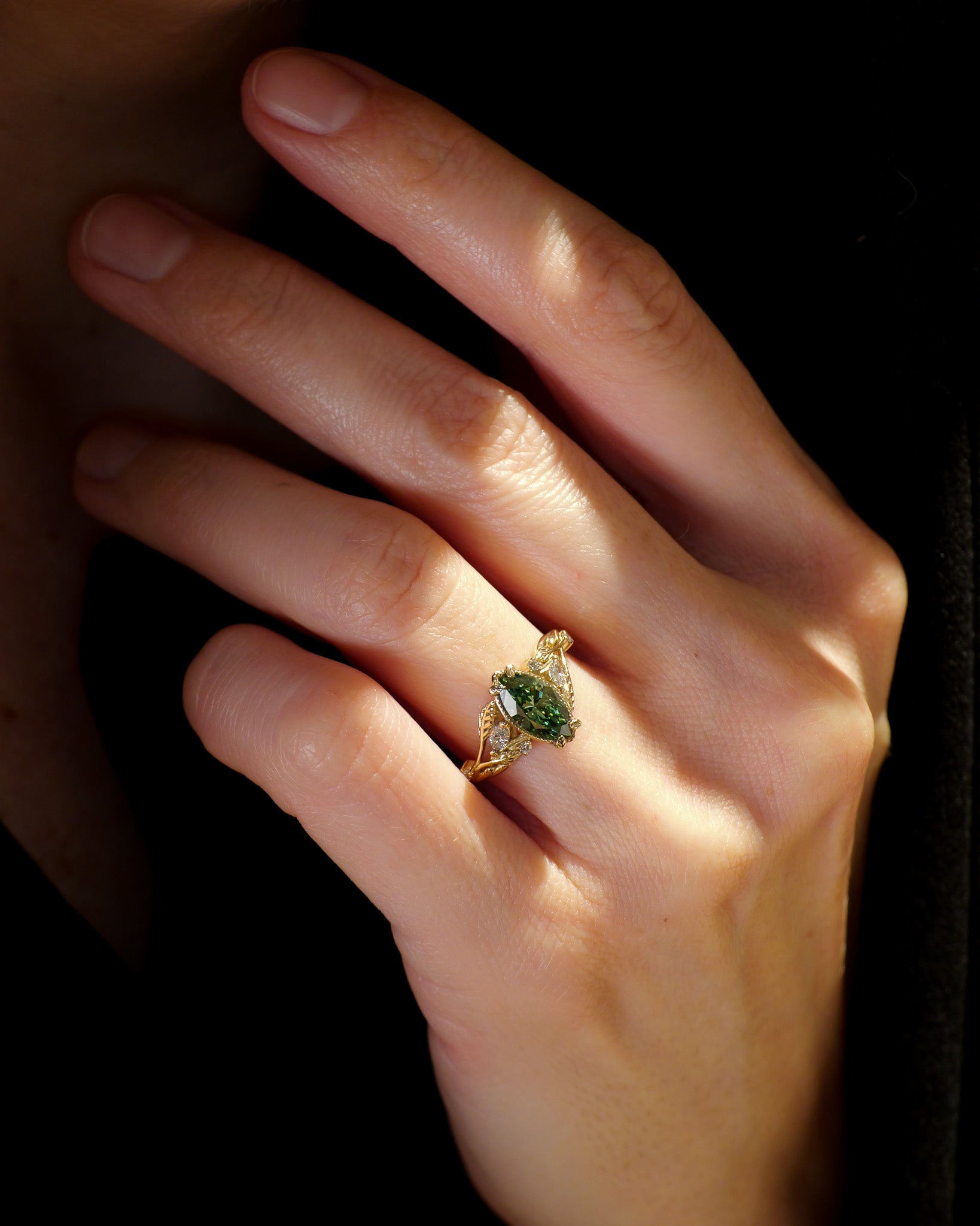 READY TO SHIP Patricia ring with marquise-cut green lab-grown diamond, 14K yellow gold, AVAILABLE RING SIZES: 5.5 - 8.5 US - Eden Garden Jewelry™