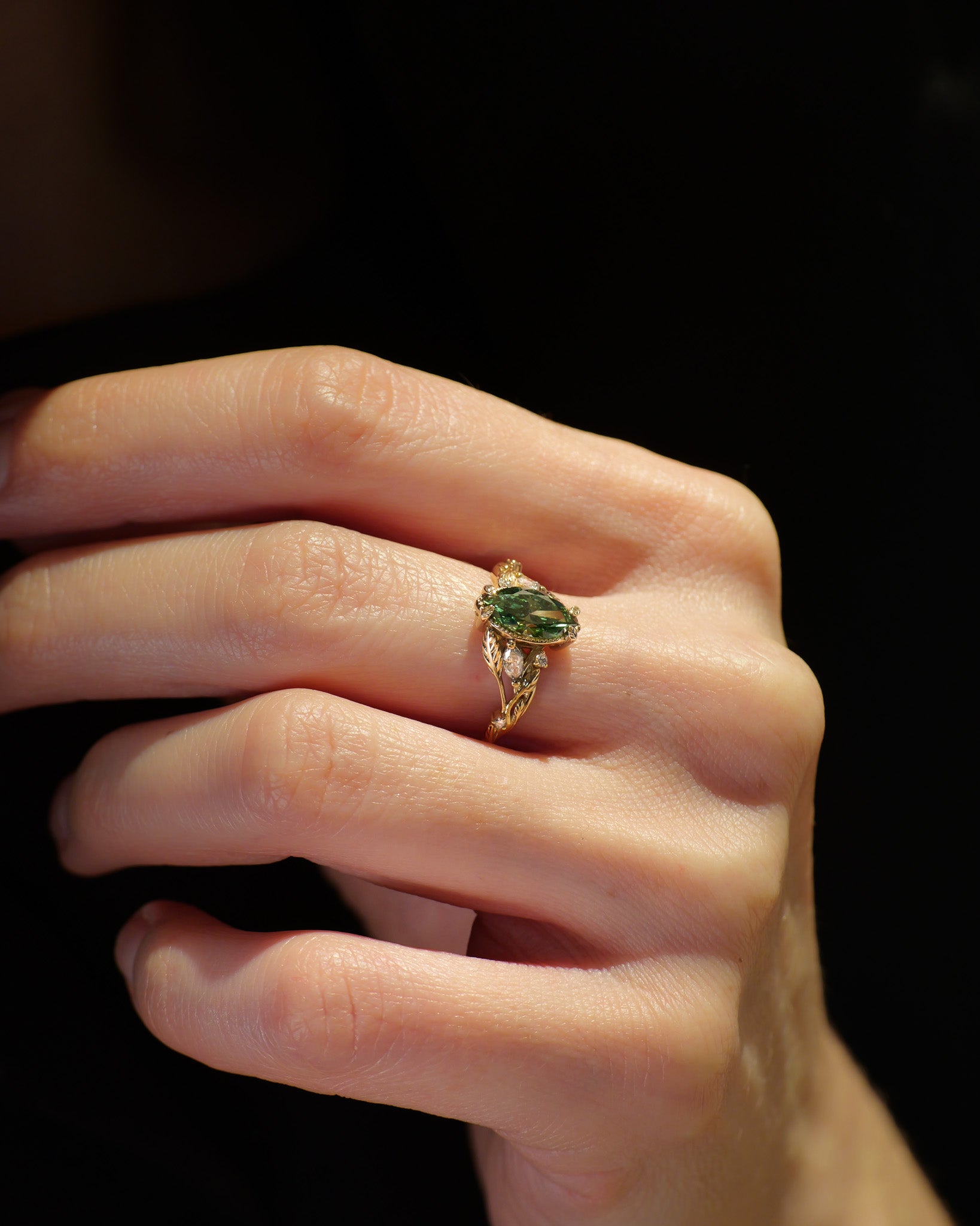 READY TO SHIP Patricia ring with marquise-cut green lab-grown diamond, 14K yellow gold, AVAILABLE RING SIZES: 5.5 - 8.5 US - Eden Garden Jewelry™
