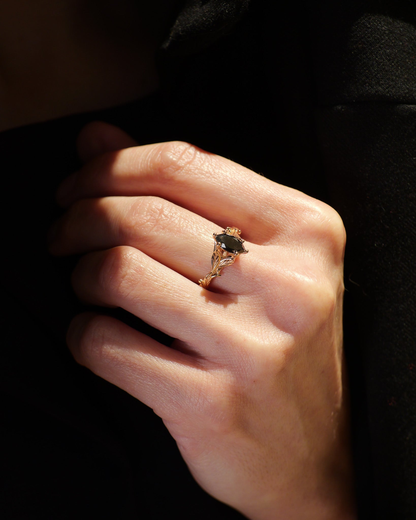 READY TO SHIP Freesia ring with marquise-cut salt & pepper diamond, 14K rose gold, AVAILABLE RING SIZES: 5.5 - 8.5 US - Eden Garden Jewelry™