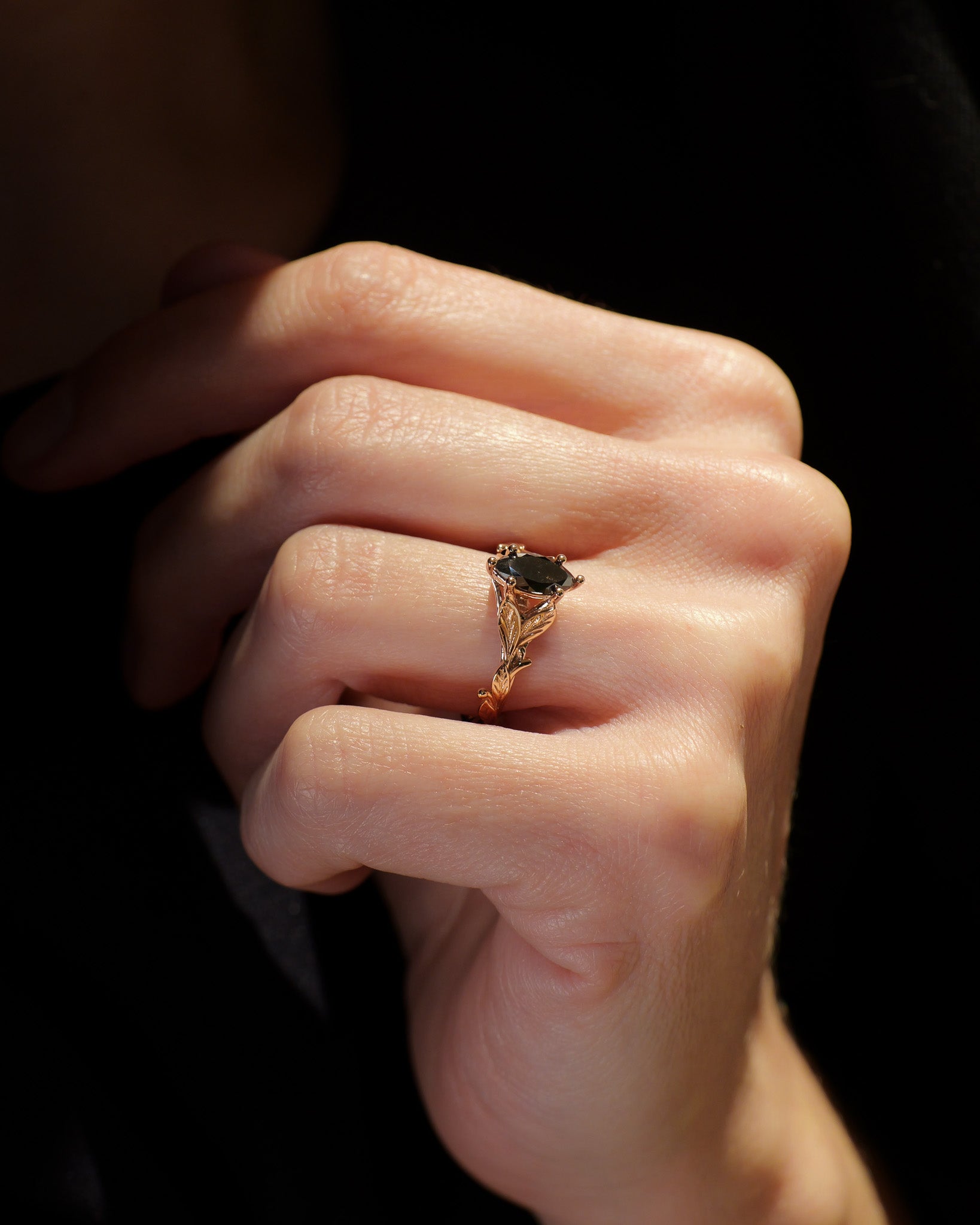 READY TO SHIP Freesia ring with marquise-cut salt & pepper diamond, 14K rose gold, AVAILABLE RING SIZES: 5.5 - 8.5 US - Eden Garden Jewelry™
