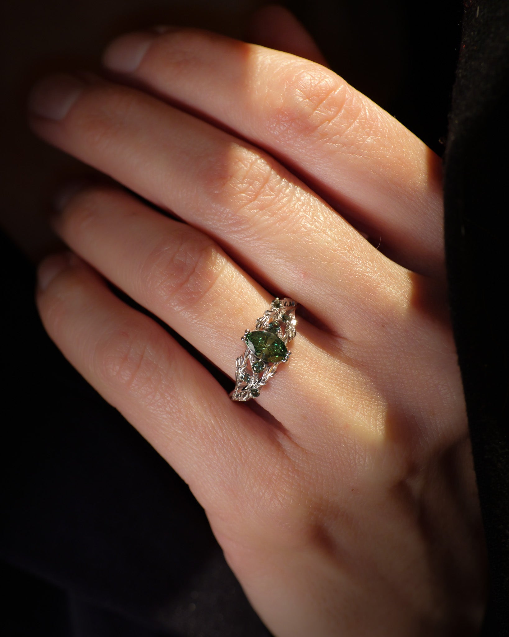 READY TO SHIP Japanese Maple ring with marquise-cut green diamond and accent green sapphires, 14K white gold, AVAILABLE RING SIZES: 5.5 - 8.5 US - Eden Garden Jewelry™