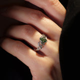 Marquise-cut Green Diamond Engagement Ring with (Natural) Green Sapphires/ Japanese Maple