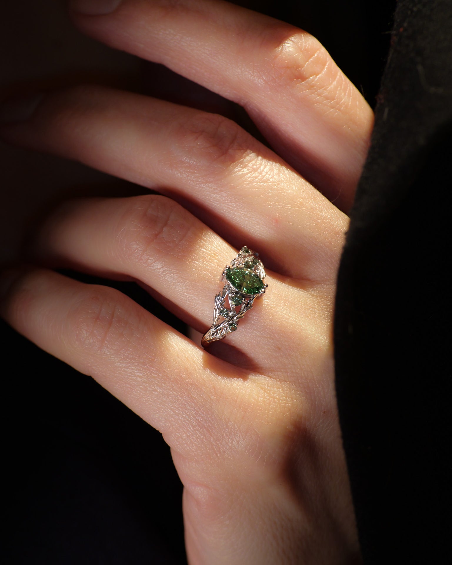 READY TO SHIP Japanese Maple ring with marquise-cut green diamond and accent green sapphires, 14K white gold, AVAILABLE RING SIZES: 5.5 - 8.5 US - Eden Garden Jewelry™