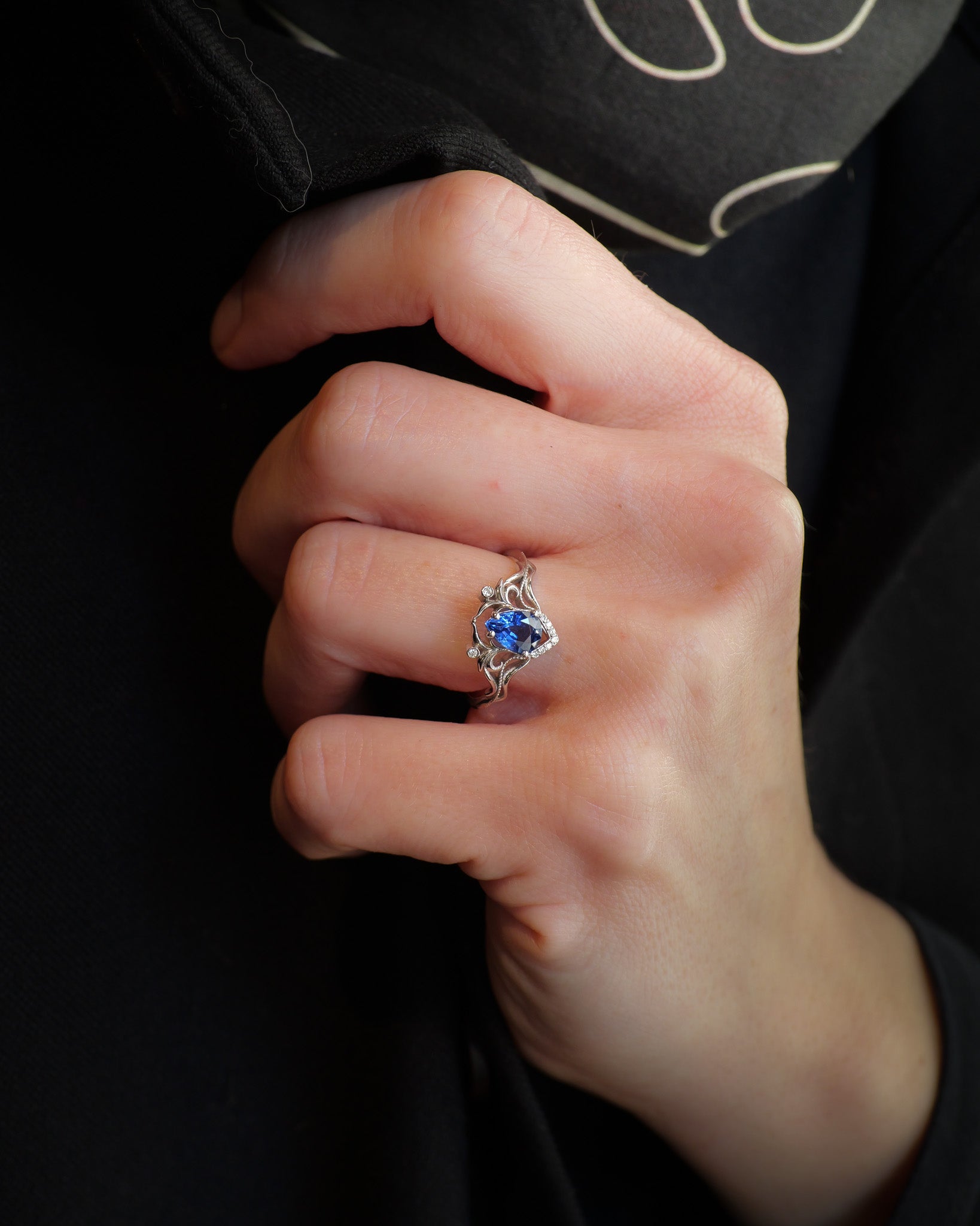 Art Nouveau Engagement Ring with Pear-cut Blue (Natural) Sapphire / Lida - Eden Garden Jewelry™