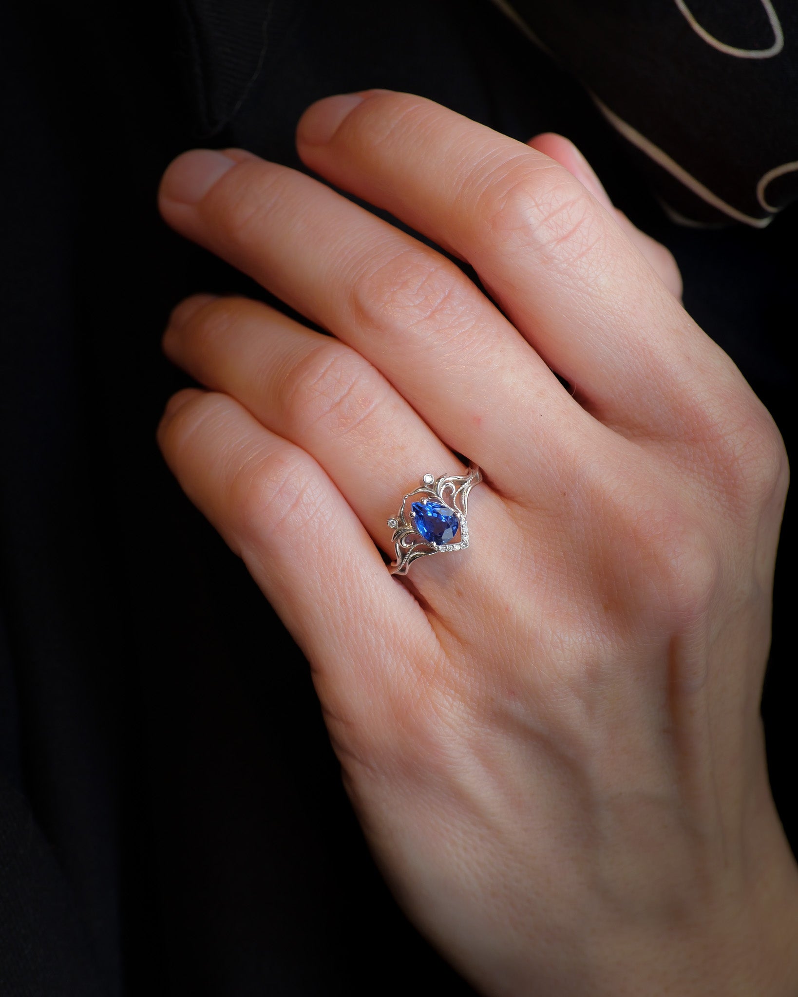 Art Nouveau Engagement Ring with Pear-cut Blue (Natural) Sapphire / Lida - Eden Garden Jewelry™