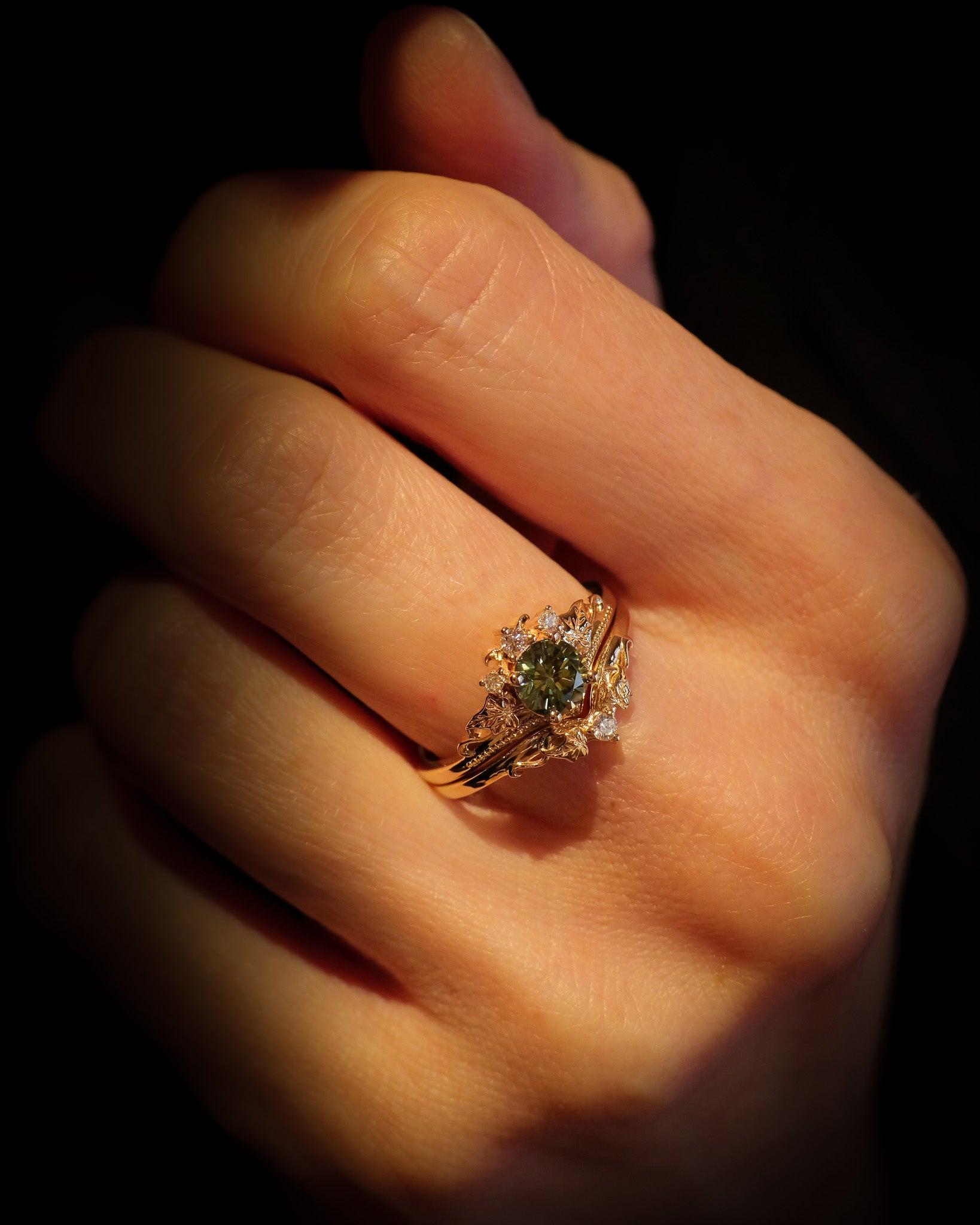 READY TO SHIP Ariadne bridal ring set with green lab-grown diamond, 14K yellow gold, AVAILABLE RING SIZES 5.5 - 8.5 US - Eden Garden Jewelry™