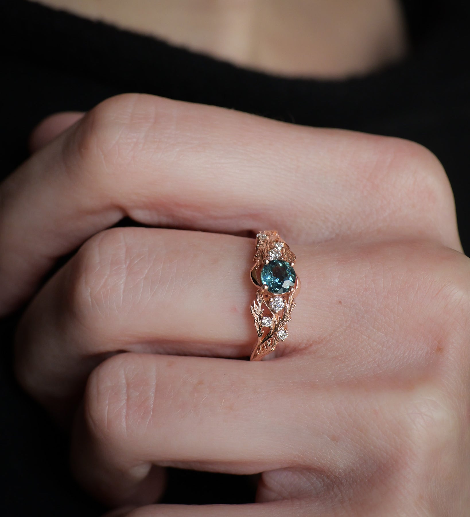 READY TO SHIP Japanese Maple ring with natural teal sapphire , 14K rose gold, AVAILABLE RING SIZES: 5.5 - 8.5 US - Eden Garden Jewelry™