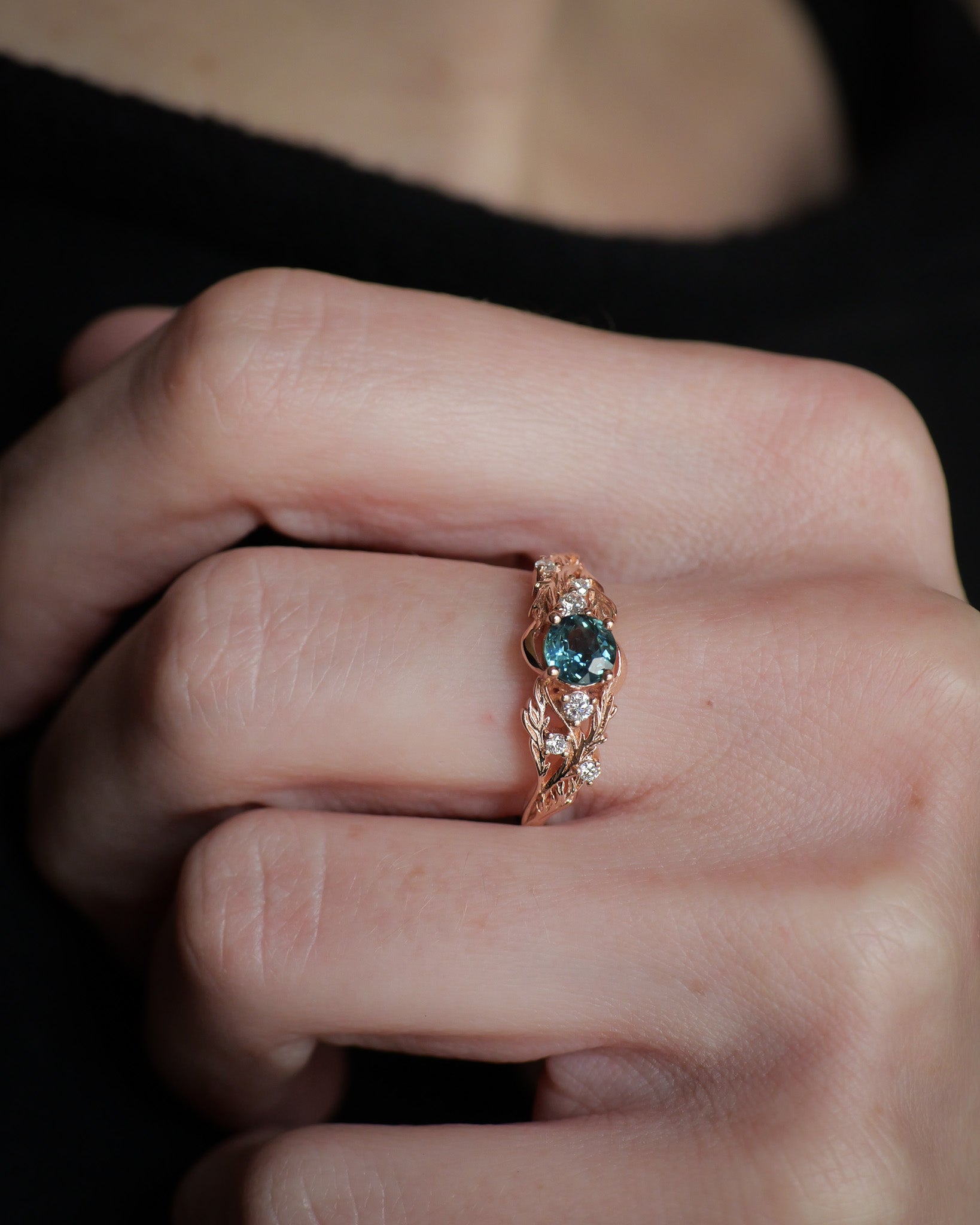 READY TO SHIP Japanese Maple ring with natural teal sapphire , 14K rose gold, AVAILABLE RING SIZES: 5.5 - 8.5 US - Eden Garden Jewelry™