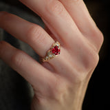 Engagement Ring with Rich Ruby Embraced by Detailed Leaves / Clematis - Eden Garden Jewelry™