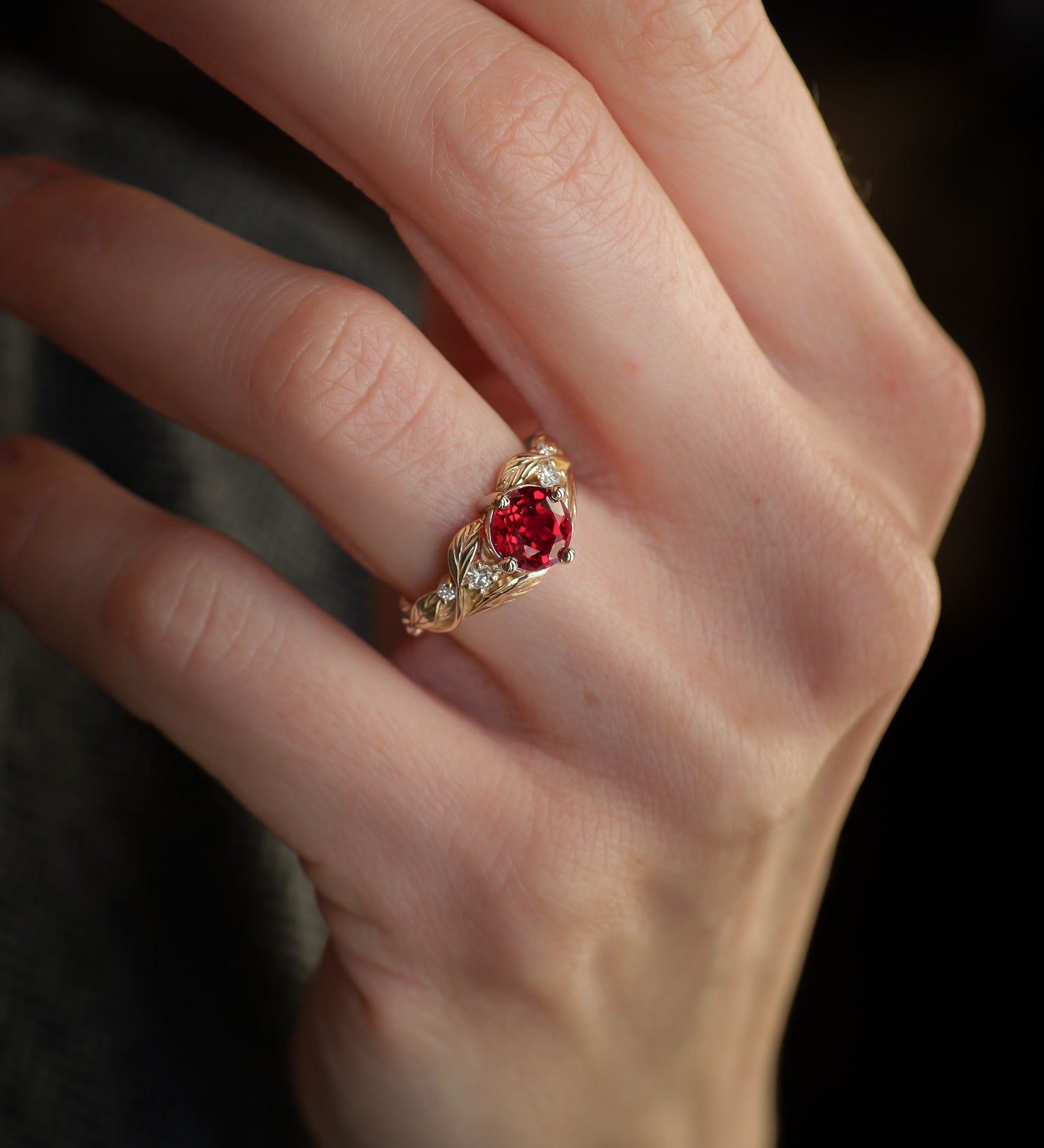 Engagement Ring with Rich Ruby Embraced by Detailed Leaves / Clematis - Eden Garden Jewelry™