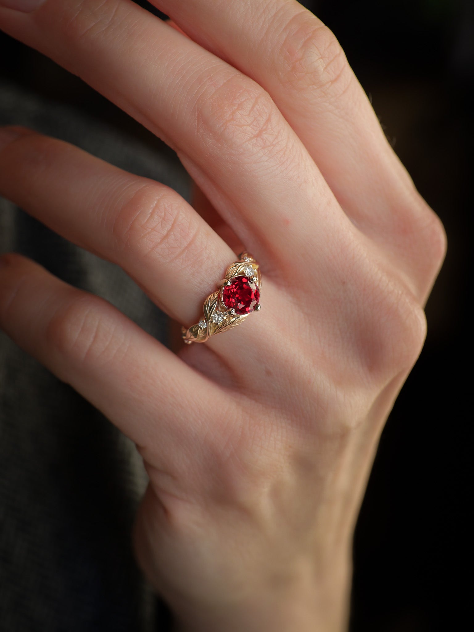 Engagement Ring with Rich Ruby Embraced by Detailed Leaves / Clematis - Eden Garden Jewelry™