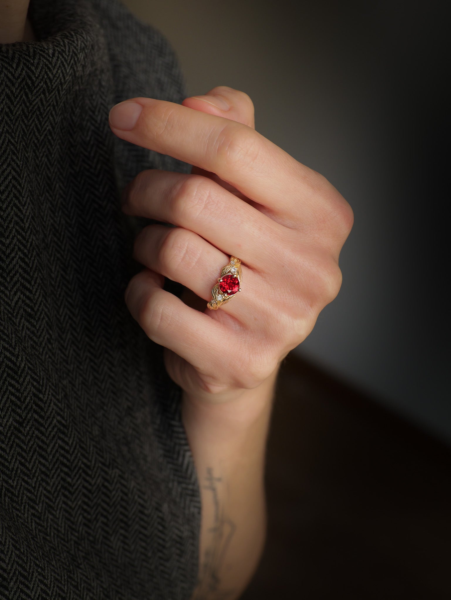 Engagement Ring with Rich Ruby Embraced by Detailed Leaves / Clematis - Eden Garden Jewelry™