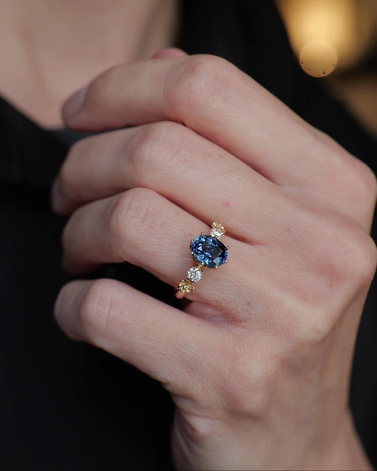 READY TO SHIP Fiorella engagement ring in 14K yellow gold, natural blue sapphire oval cut 8x6 mm, accent lab grown diamonds, RING SIZE: 5.5 - 8.5 US - Eden Garden Jewelry™