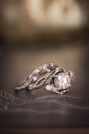 engagement rings with moissanite, nature inpired ring in white gold