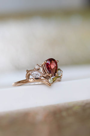 READY TO SHIP: Swanlake engagement ring in 14K rose gold, pear garnet 7x5 mm, natural diamonds, AVAILABLE RING SIZES: 6-8 US