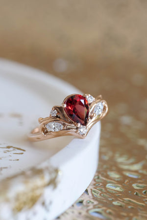 READY TO SHIP: Swanlake engagement ring in 14K rose gold, pear garnet 7x5 mm, natural diamonds, AVAILABLE RING SIZES: 6-8 US