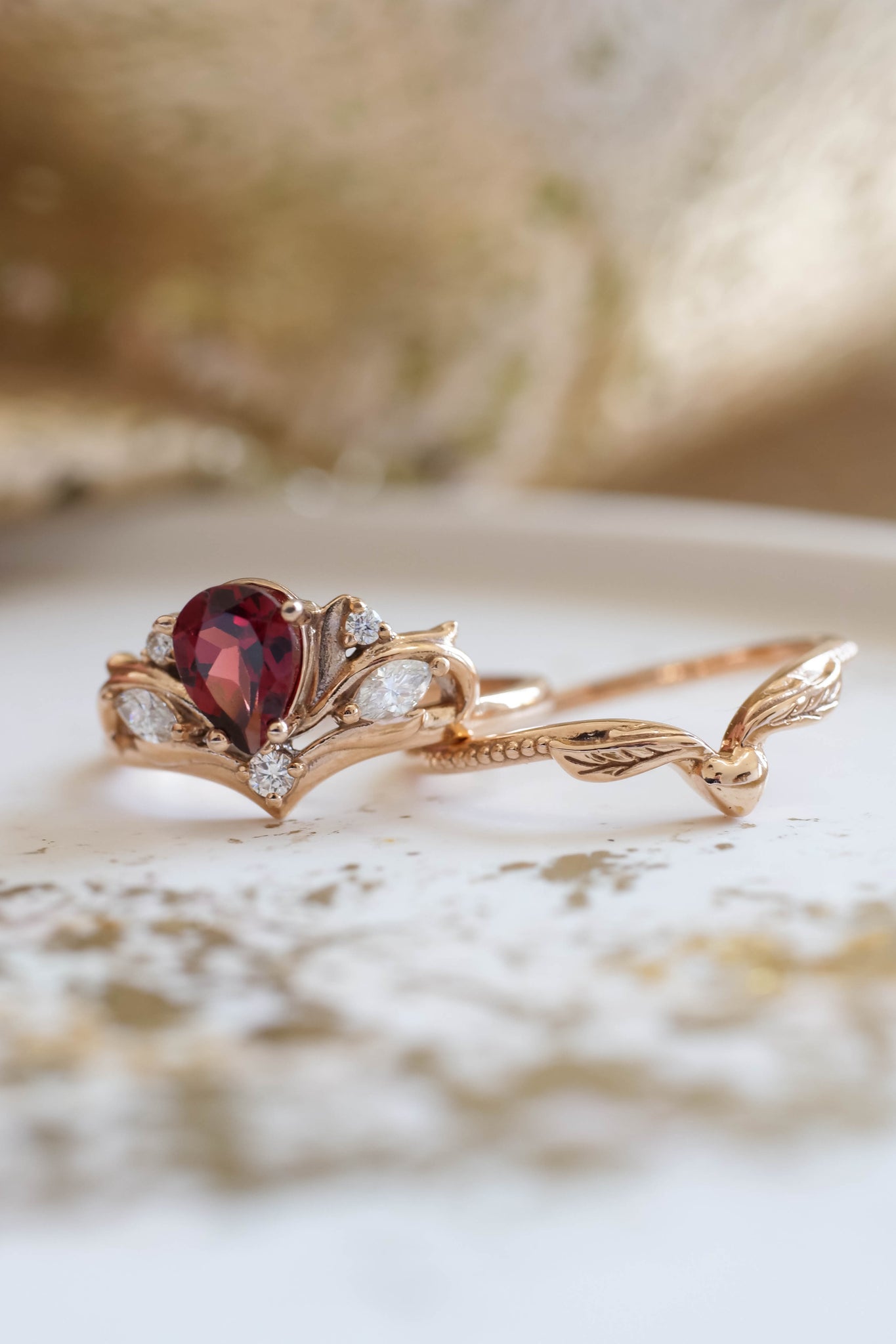 READY TO SHIP: Swanlake engagement ring in 14K rose gold, pear garnet 7x5 mm, natural diamonds, AVAILABLE RING SIZES: 6-8 US