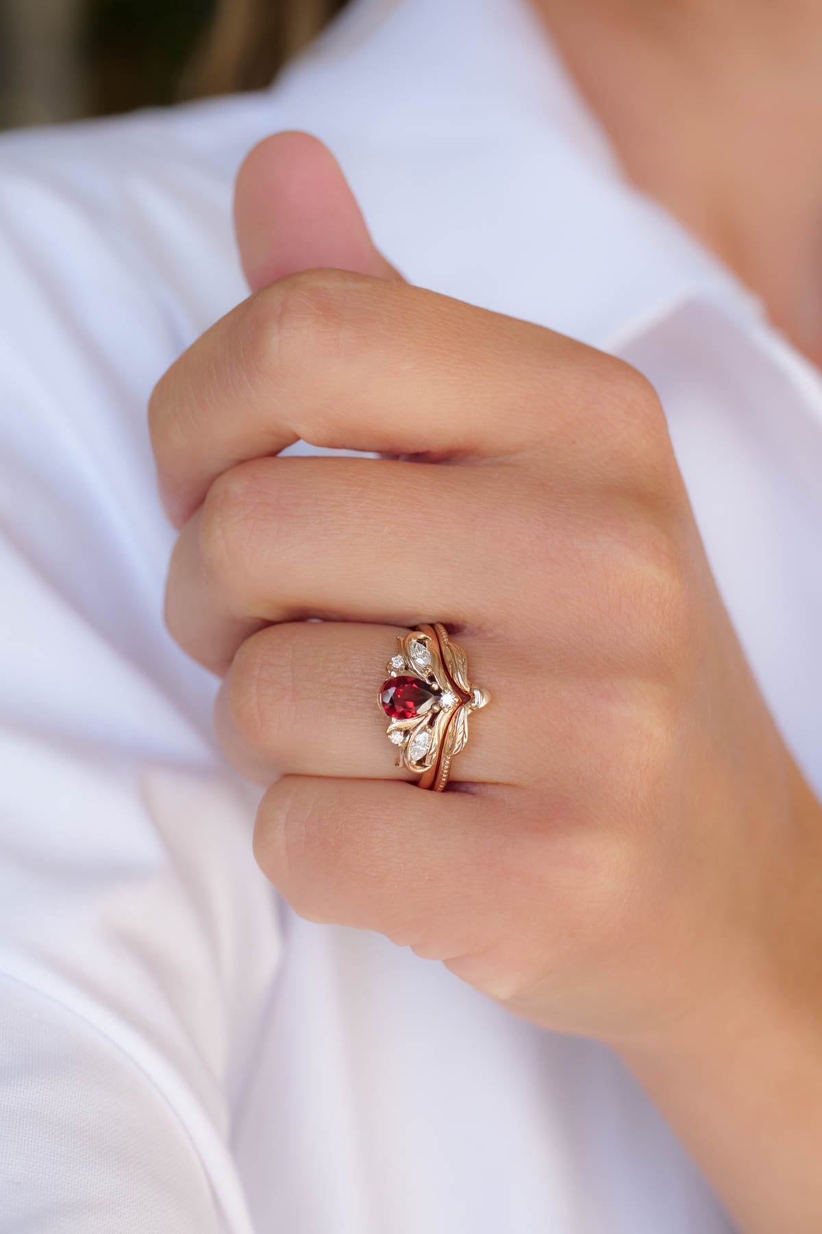 Pear shaped garnet engagement ring, alternative bridal ring set / Swanlake - Eden Garden Jewelry™