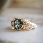 Green moss agate engagement ring, promise leaf ring with diamonds / Wisteria - Eden Garden Jewelry™