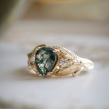 Green moss agate engagement ring, promise leaf ring with diamonds / Wisteria - Eden Garden Jewelry™