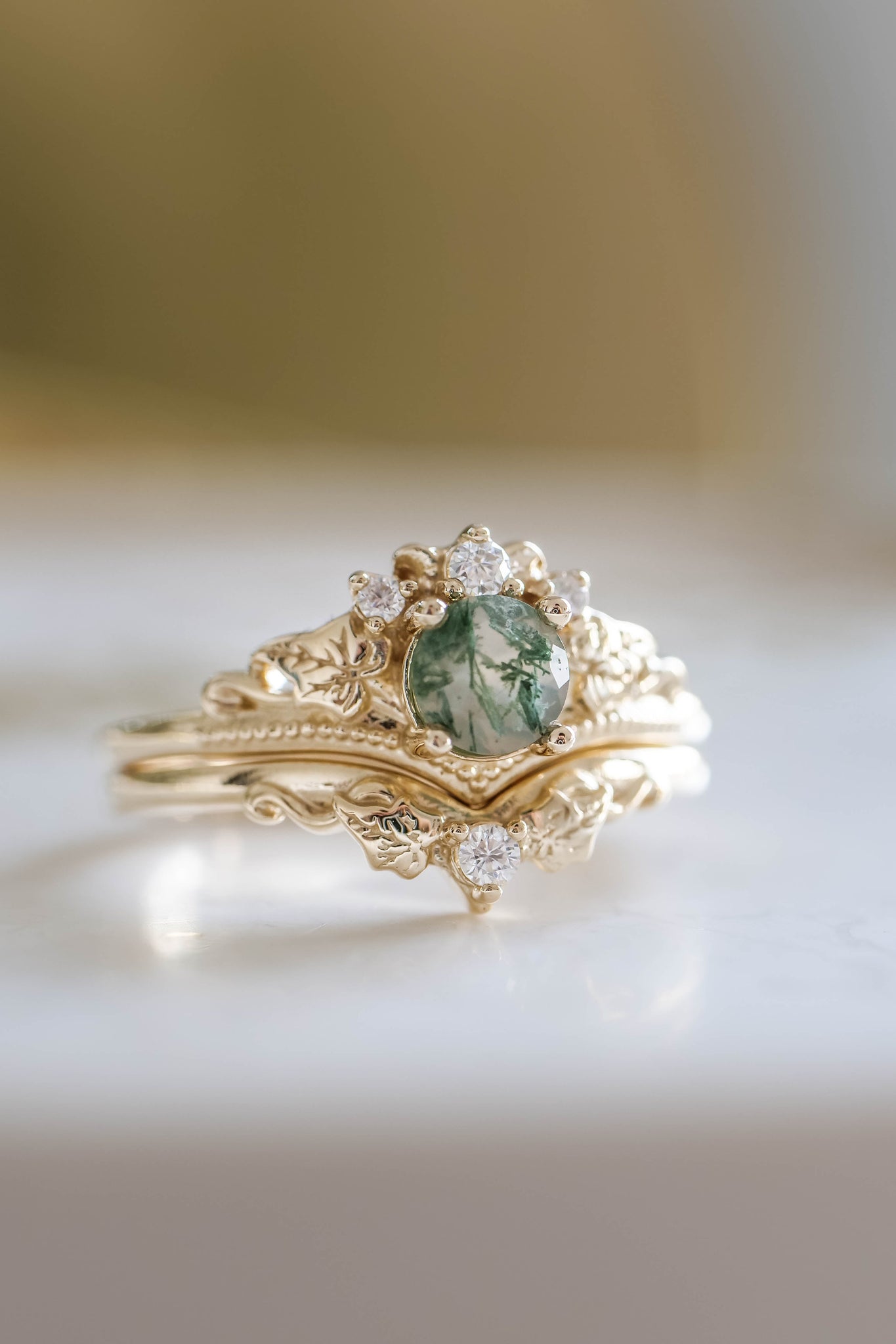 READY TO SHIP: Ariadne bridal ring set in 14K or 18K yellow gold, natural moss agate 5 mm, accents moissanites, AVAILABLE RING SIZES: 5-11US - Eden Garden Jewelry™