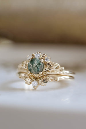 READY TO SHIP: Ariadne bridal ring set in 14K or 18K yellow gold, natural moss agate 5 mm, accents moissanites, AVAILABLE RING SIZES: 5-11US - Eden Garden Jewelry™