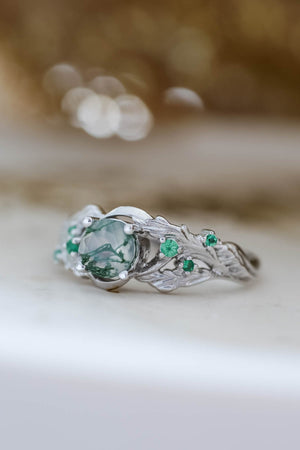 Moss agate & natural emeralds ring / Japanese Maple - Eden Garden Jewelry™