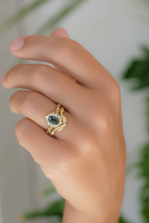 Halo sapphire leaf engagement ring set, nature inspired gold ring with diamond halo / Florentina - Eden Garden Jewelry™