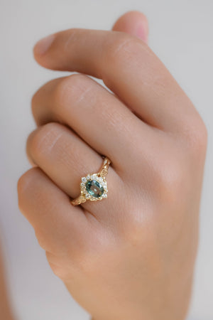 Diamond halo and sapphire engagement ring, gold leaf engagement ring  / Florentina - Eden Garden Jewelry™