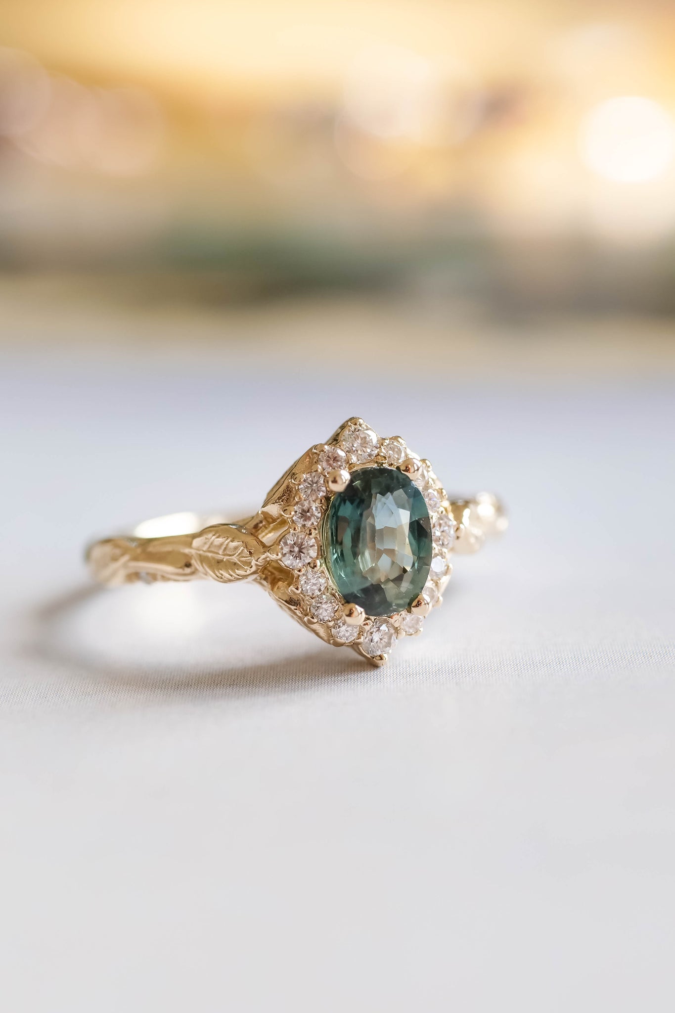READY TO SHIP: Florentina ring in 14K yellow gold, natural teal sapphire oval cut 7x5 mm, accent moissanites, AVAILABLE RING SIZES: 6-8US - Eden Garden Jewelry™