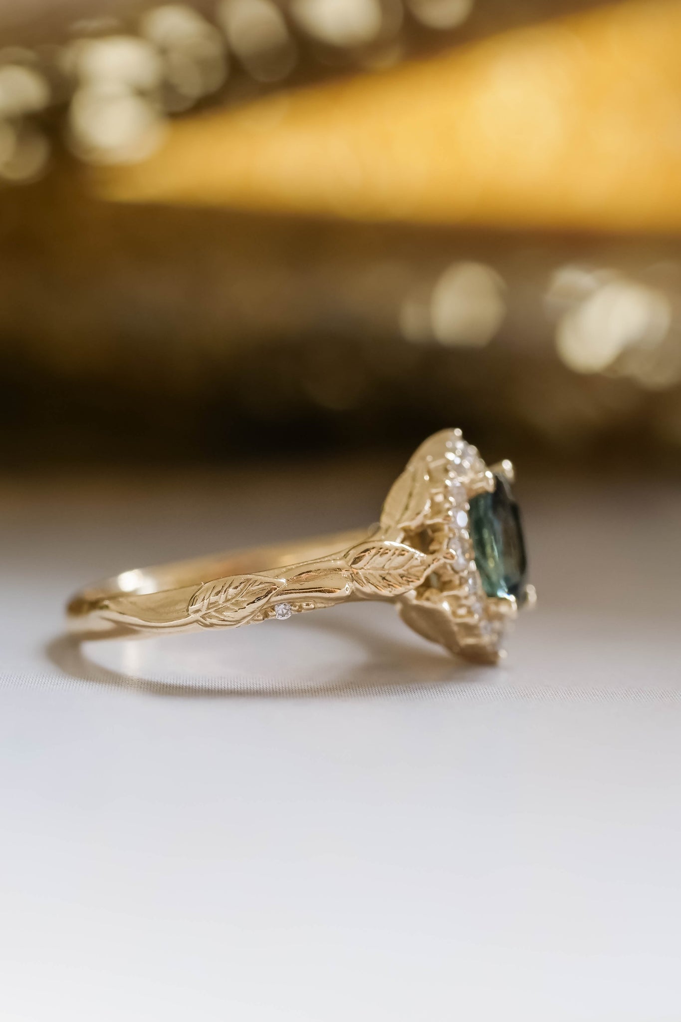 Diamond halo and sapphire engagement ring, gold leaf engagement ring  / Florentina - Eden Garden Jewelry™