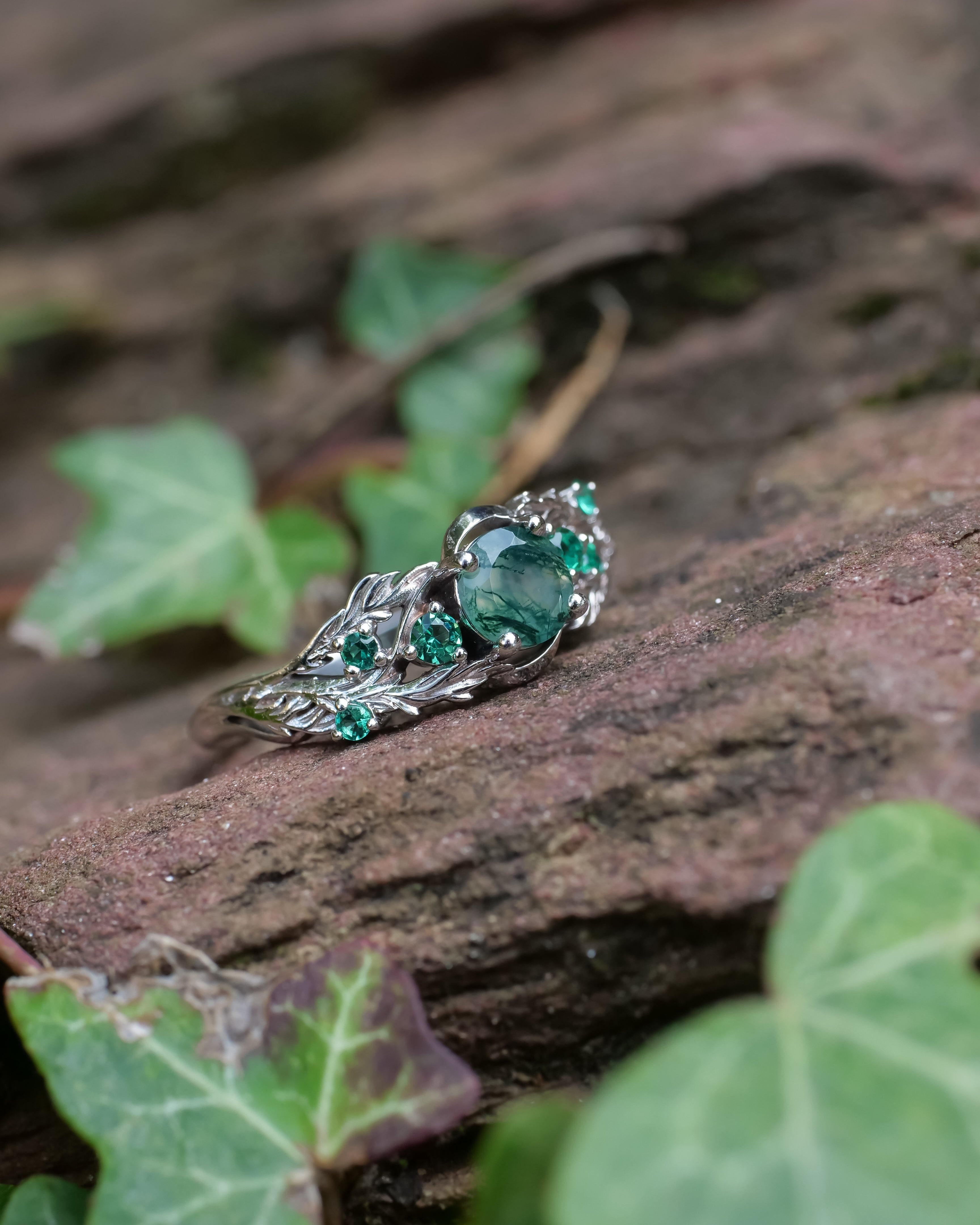 READY TO SHIP: Japanese Maple ring with moss agate and vivid emeralds ring, 14K white gold, RING SIZES: 5.5 - 8.5 US - Eden Garden Jewelry™