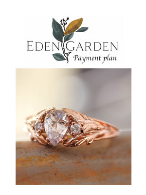 5 instalments payment plan: Pear cut moissanite engagement ring, leaf style band / Wisteria - Eden Garden Jewelry™