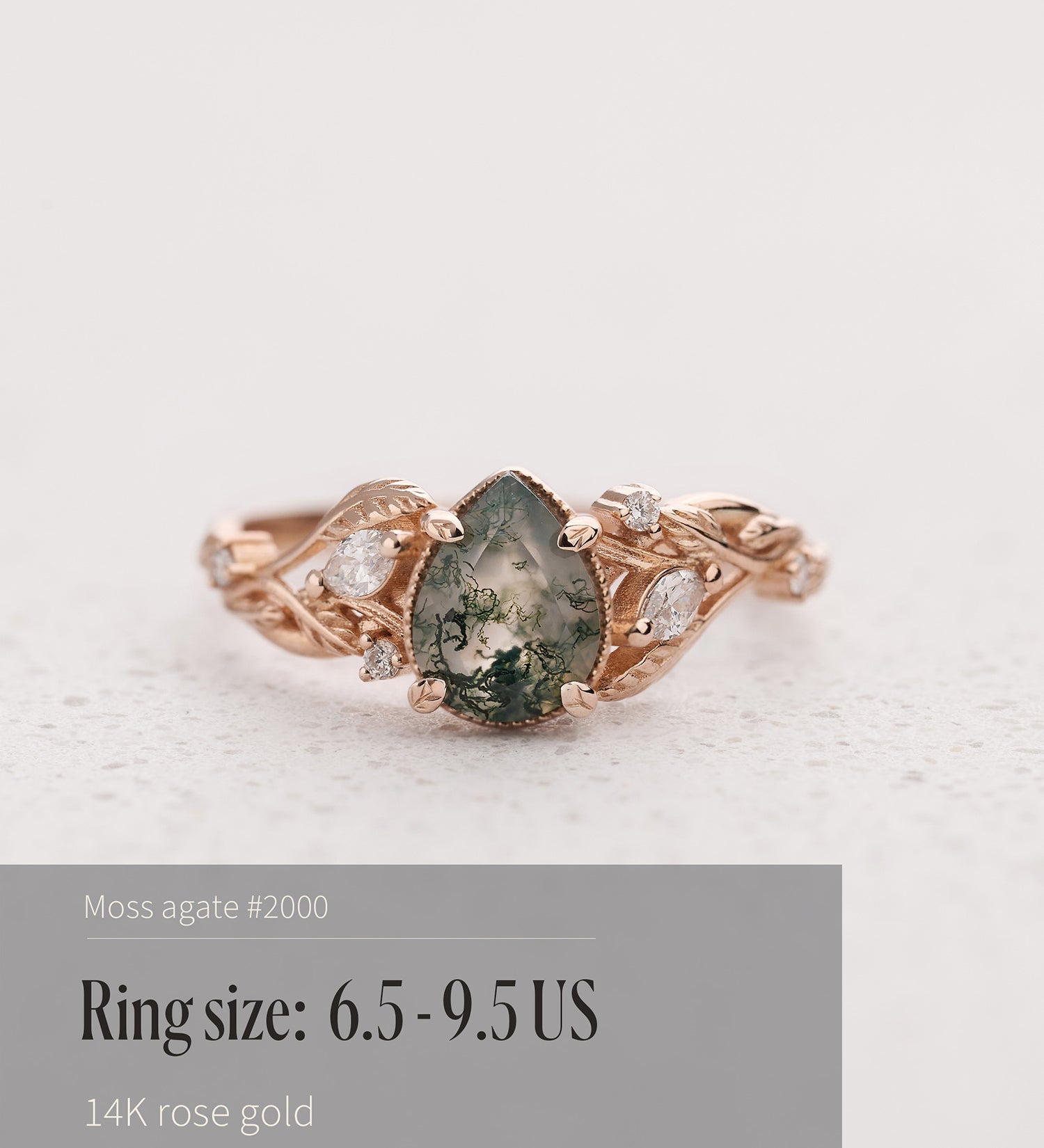 READY TO SHIP: Patricia ring in 14K or 18K rose gold, natural moss agate pear cut 8x6 mm, accent lab grown diamonds, AVAILABLE RING SIZES: 4.5 - 9.5 US - Eden Garden Jewelry™