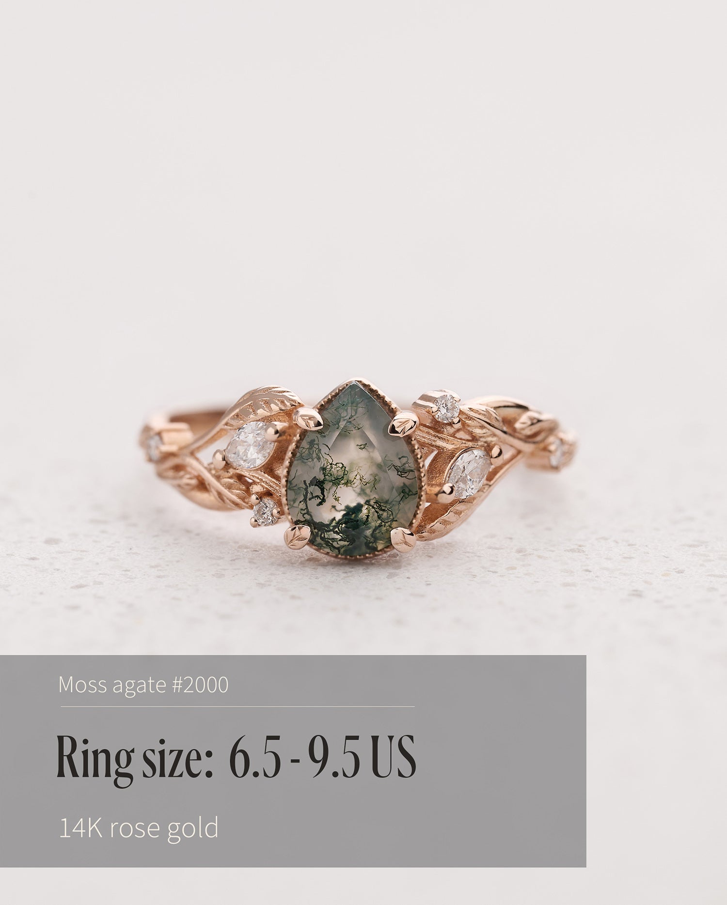 READY TO SHIP: Patricia ring in 14K or 18K rose gold, natural moss agate pear cut 8x6 mm, accent lab grown diamonds, AVAILABLE RING SIZES: 4.5 - 9.5 US - Eden Garden Jewelry™