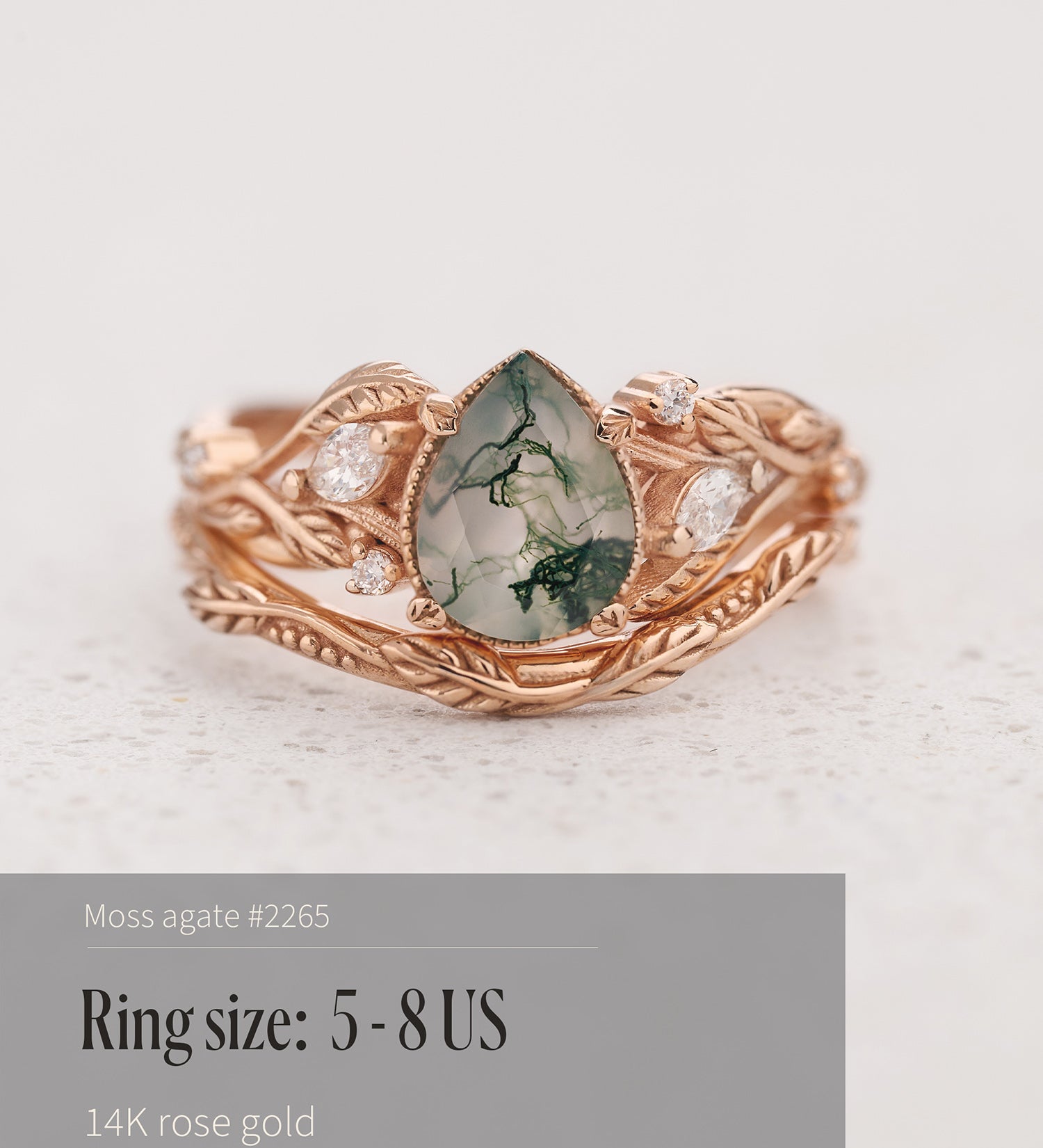 READY TO SHIP: Patricia bridal set with moss agate and diamonds, 14K rose gold, AVAILABLE RING SIZES: 5 - 8 US - Eden Garden Jewelry™