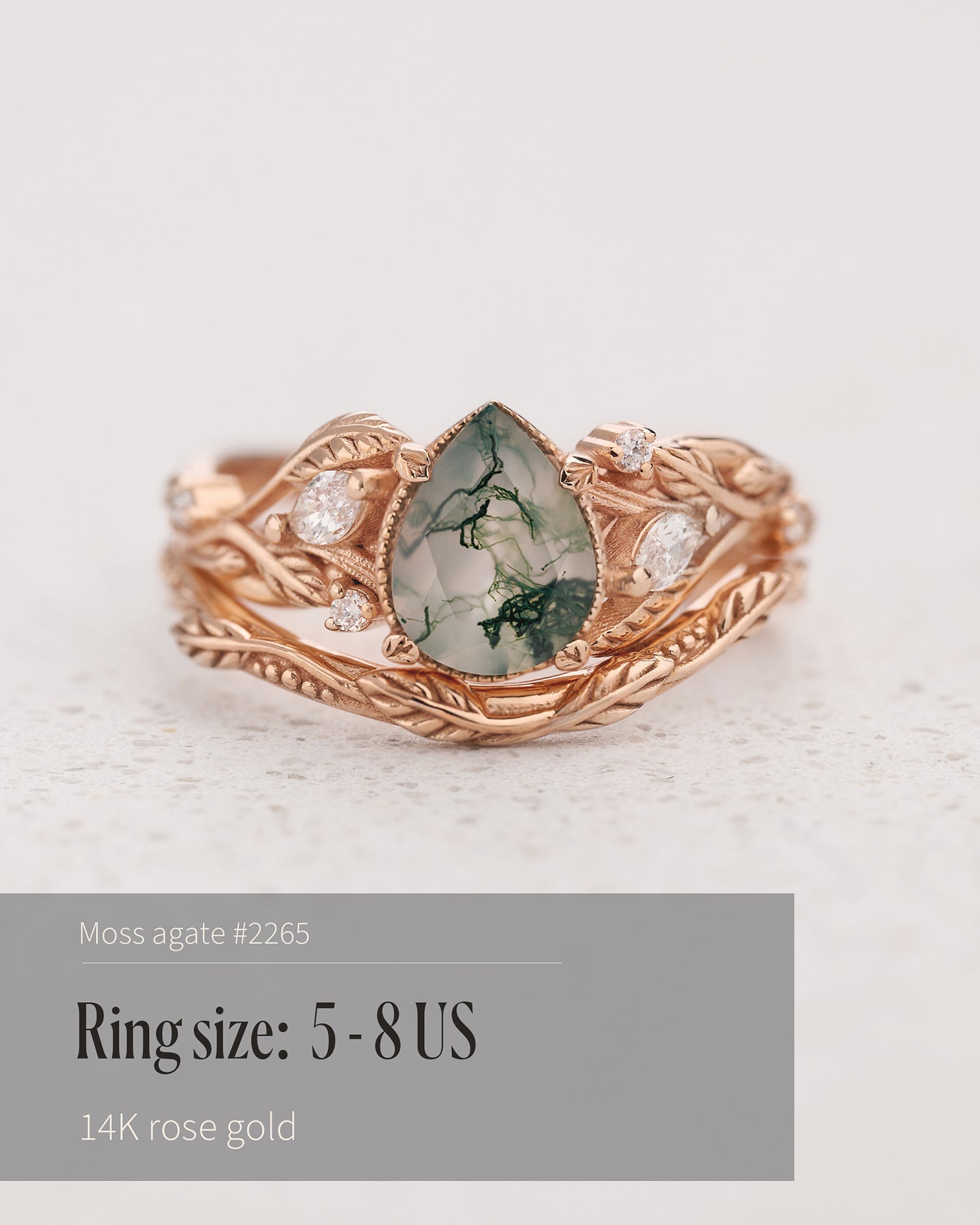 READY TO SHIP: Patricia bridal set with moss agate and diamonds, 14K rose gold, AVAILABLE RING SIZES: 5 - 8 US - Eden Garden Jewelry™